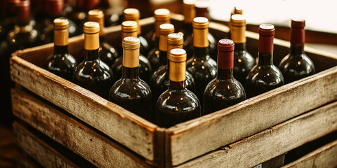 Bottles of old red wine in t wooden box on table