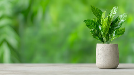 Green plant in pot on wooden table, blurred green background