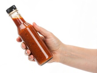 Hand Holding Bottle of Sauce Isolated on White Background for Culinary and Food Concepts