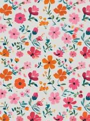 A seamless floral pattern featuring vibrant cherry blossoms, lush green leaves, and delicate birds, creating an elegant and timeless design in rich red and pink tones.