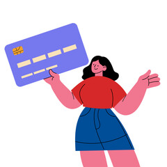 Woman holding credit card illustration. Modern flat vector illustration of a cheerful woman holding a large credit card. Ideal for banking, online payments, e-commerce, finance, and fintech concepts.