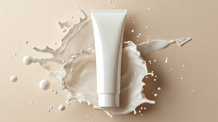 a white bottle of shampoo, on top of a milk splash background, with a white color theme, in a flat lay view from above