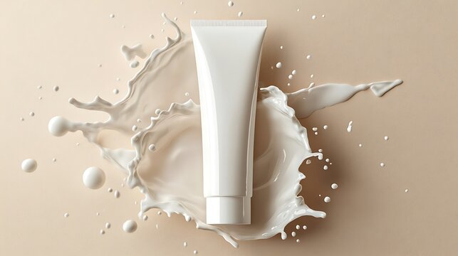 a white bottle of shampoo, on top of a milk splash background, with a white color theme, in a flat lay view from above