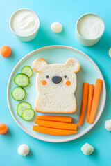 Obraz premium Creative bear-shaped sandwich served with fresh vegetables and yogurt on a bright blue background for a fun meal presentation