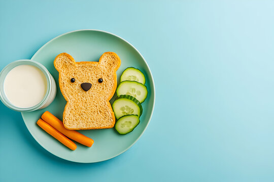 Creative bear-shaped sandwich with vegetables and milk served on a pastel plate for a playful lunch or snack