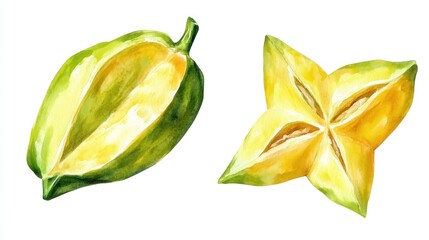 Watercolor starfruit illustration, whole and sliced, isolated on white, for food recipes