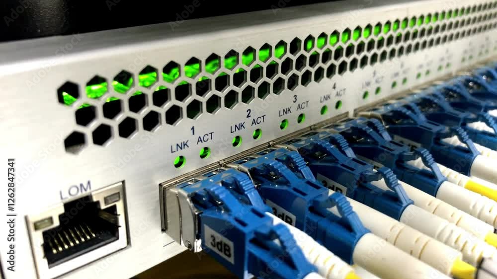 Wall mural network switch with lan cable mount on rack data center server internet connected cluttered cables