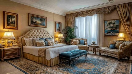 Luxurious hotel suite bedroom with king-size bed, ornate furniture, and large window.