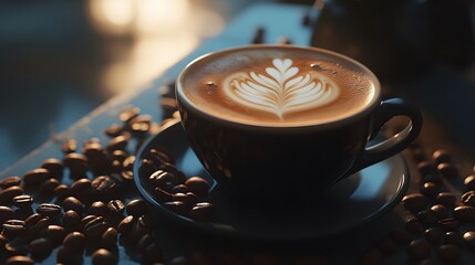 Captivating Coffee Cup with Latte Art Surrounded by Coffee Beans