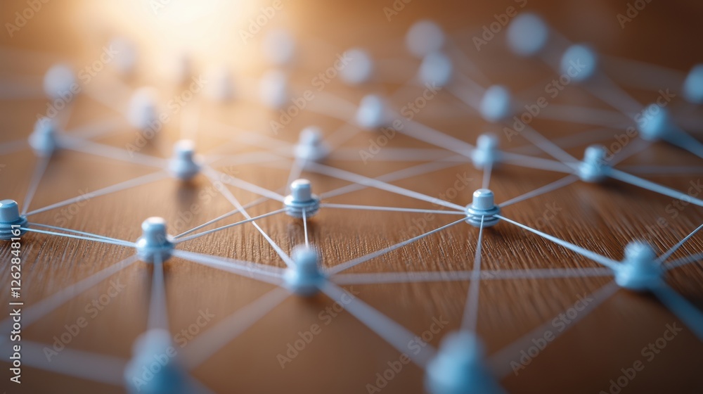 Aufkleber a close-up view of interconnected nodes and lines on a wooden surface, representing networking and d