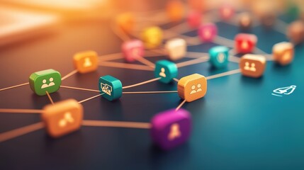 A vibrant network of colorful icons connected by lines, symbolizing communication and digital interactions in a modern, tech-inspired setting.