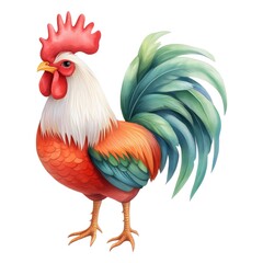 Fototapeta premium Watercolor Rooster Illustration with Vibrant Plumage, Symbolizing Farm Freshness and a Rustic Aesthetic,, Isolated on White Background Cutout