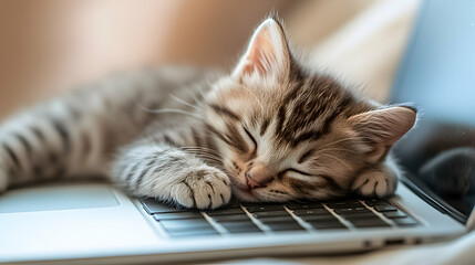 Cute kitten sleeping on a laptop keyboard in a cozy indoor setting during the afternoon