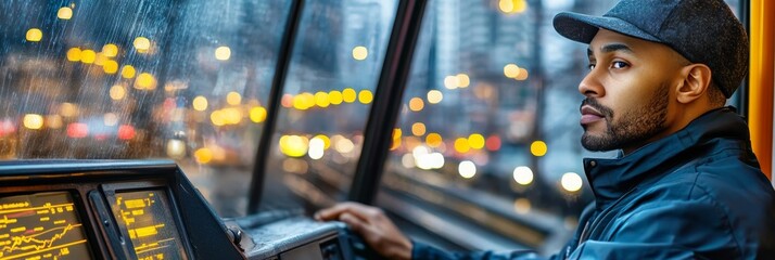 Focused Subway Operator Navigating City Lights During Evening Commute, Public Transportation Scene