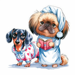 Obraz premium Pekingese dog and dachshund dog with book. in pajamas