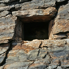 A rectangulaire way through the rock that is wide but has a low ceiling. The scene is on flat ground