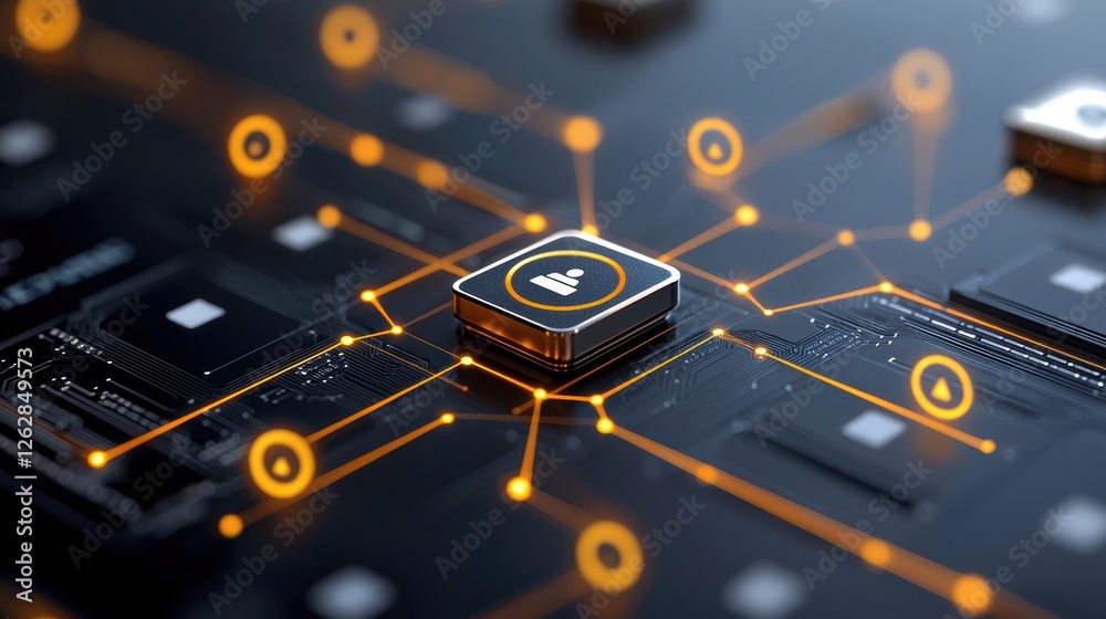 Poster a close-up of a microchip with glowing connections, symbolizing advanced technology and digital netw