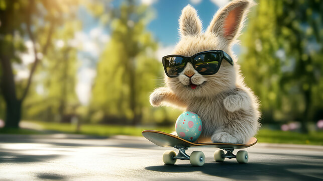 Skateboarding rabbit with sunglasses enjoys sunny day in the park while balancing an Easter egg on a skateboard
