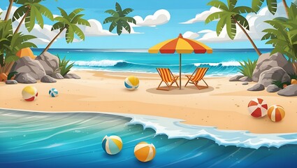 Obraz premium Stunning tropical beach landscape with palm trees golden sand and clear ocean water perfect for summer holiday and travel backgrounds.