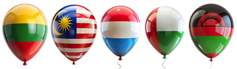 Fototapeta premium Balloons depicting the flags of Lithuania, Malaysia, Luxembourg, and Malawi are placed together. This symbolizes international unity and the celebration of different cultures during the festival.
