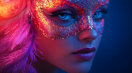 Surreal and Radiant Feathered Mask Portrait with Glowing Allure
