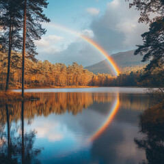 Stunning natural landscape with rainbow reflecting on tranquil lake surrounded by evergreen trees and rolling hills during daylight. Generative AI