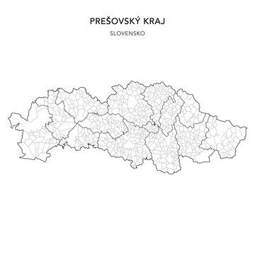 Geopolitical Vector Map of Pre&scaron;ov Region (Pre&scaron;ovsk&yacute; Kraj) with Municipalities (Obc&iacute;), and Districts (Okres) Administrative Subdivisions as of 2025 - Slovakia (Slovensko)