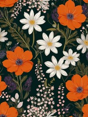 A seamless floral pattern featuring vibrant cherry blossoms, lush green leaves, and delicate birds, creating an elegant and timeless design in rich red and pink tones.