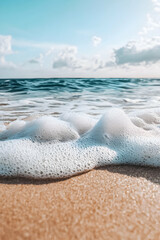 Obraz premium Waves gently lapping against the sandy shore under a clear blue sky filled with fluffy clouds