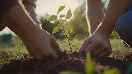 Two Hands Planting a Seedling at Sunset: A Symbol of Growth and Environmental Stewardship