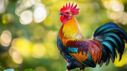 Fototapeta premium In soft sunlight, the rooster displays a striking array of vibrant feathers. Textures intertwine beautifully, capturing colors that shimmer and shine, creating a stunning visual feast in nature.