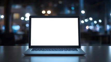 Fototapeta premium Modern Laptop on Table with Blank Screen and Blurred Background