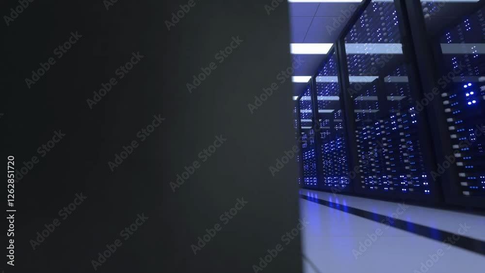 Wall mural modern internet server room and data center with supercomputers light seamless animation. 4k uhd