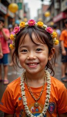 Fototapeta premium Portrait of child with a jasmine garland, smiling and participating in Songkran festivities. 