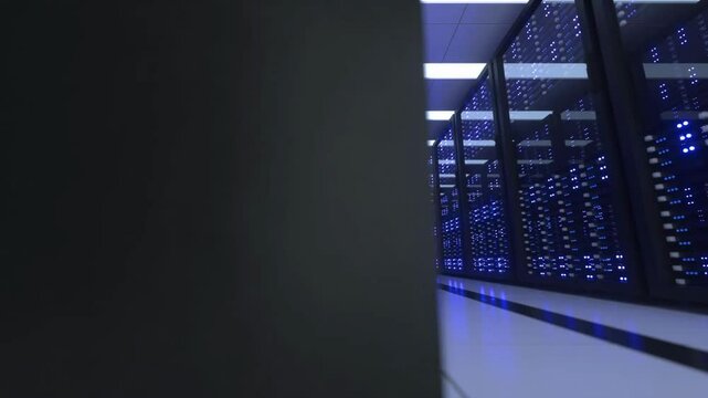 modern internet server room and data center with supercomputers light seamless animation. 4k UHD