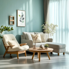 Wooden coffee table and chair. gray sofa against green wall