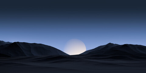 Orange planet on horizon of mountainous, rocky terrain at night. Sci-fi landscape, science fiction landscape planet at dusk.3D render