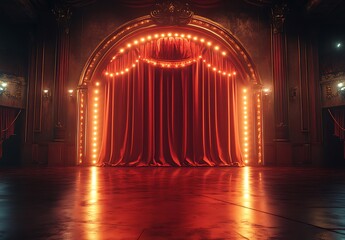 Red stage with a curtain, cinematic lighting, high-resolution photography, insanely detailed and intricate