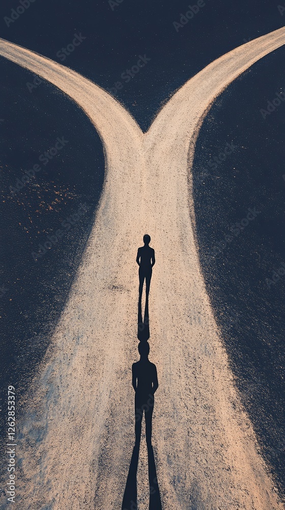 Poster shadow of a person standing at a crossroads splitting in two different directions, symbolizing choic