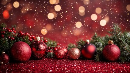Festive Christmas Decorations with Red Ornaments and Glitter