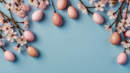 Obraz premium Pink Easter Eggs and Cherry Blossom Branches on Light Blue Background