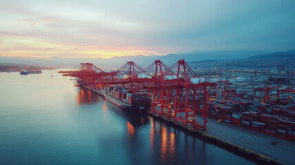 Obraz premium Container truck in ship port for business Logistics and transportation of Container Cargo ship and Cargo plane with working crane bridge in shipyard at sunrise, logistic import export and transport