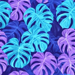 Seamless Pattern of Abstract Tropical Leaves on a Dark Background, Exotic Wallpaper in Pastel Colors