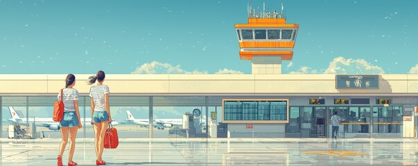 Woman Walking with Luggage at Busy Airport in Flat Illustration Style