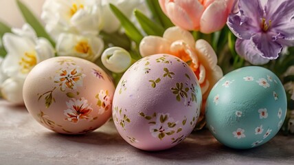Obraz premium Easter Eggs and Spring Flowers on a Pastel Background