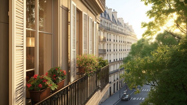 Fototapeta High Angle Parisian Apartment Building View with Balcony Flowers and City Street