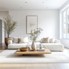 Scandinavian and nordic interior  living room with white sofa and wooden