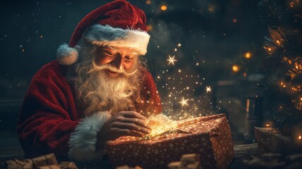 Obraz premium Santa Claus Discovering Magical Christmas Gift