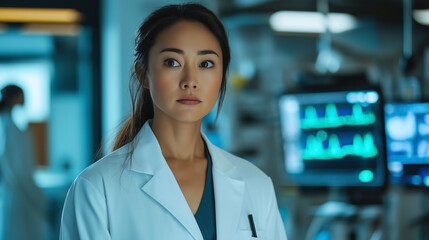 Naklejka premium A woman in a white coat, confidently leading a medical team in a hospital setting, with equipment and high-tech devices around her