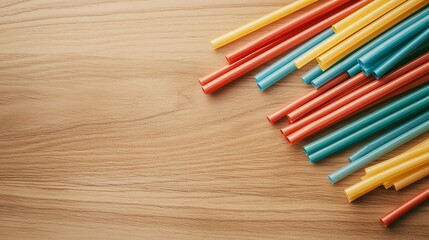 Obraz premium Brightly colored plastic straws scattered on wooden background